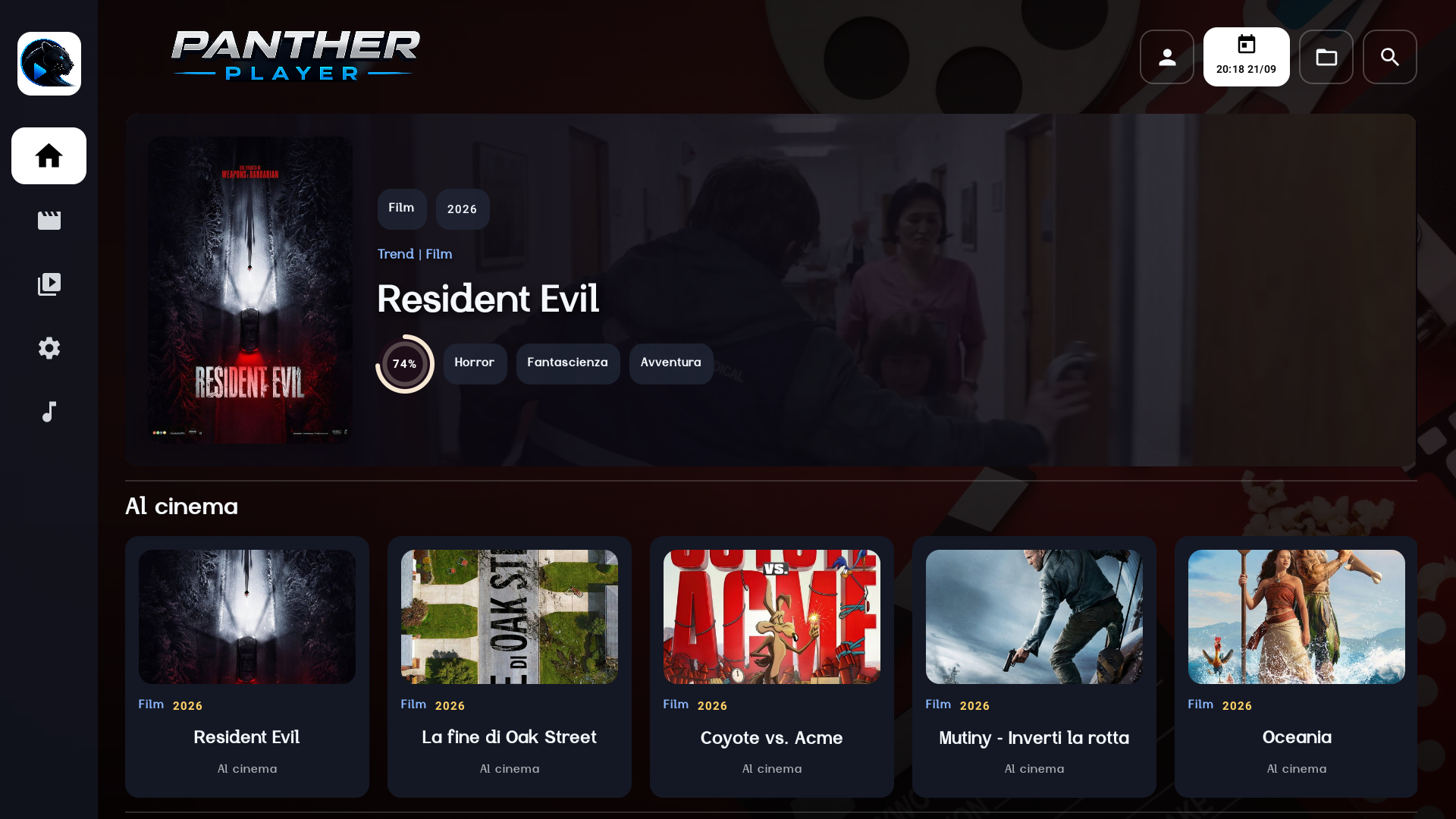 Home senza lista di Panther Player in orizzontale